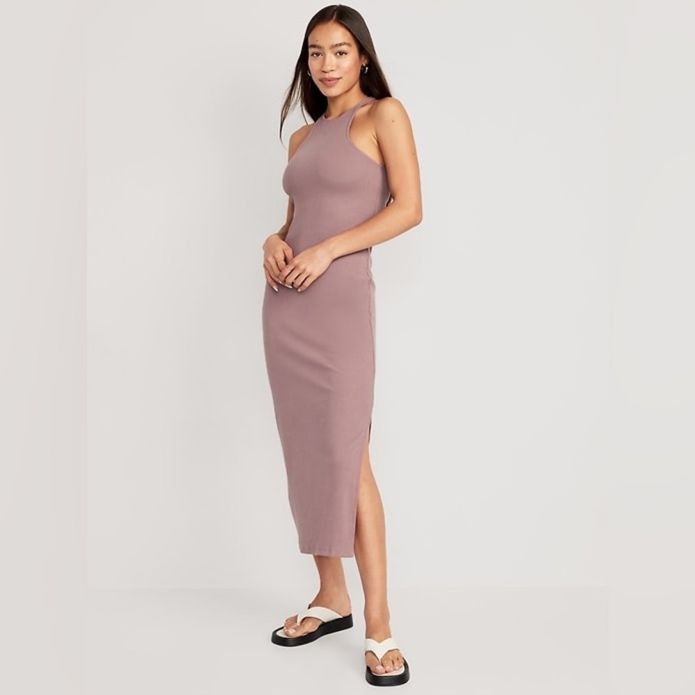Fitted High-Neck Rib-Knit Midi Dress